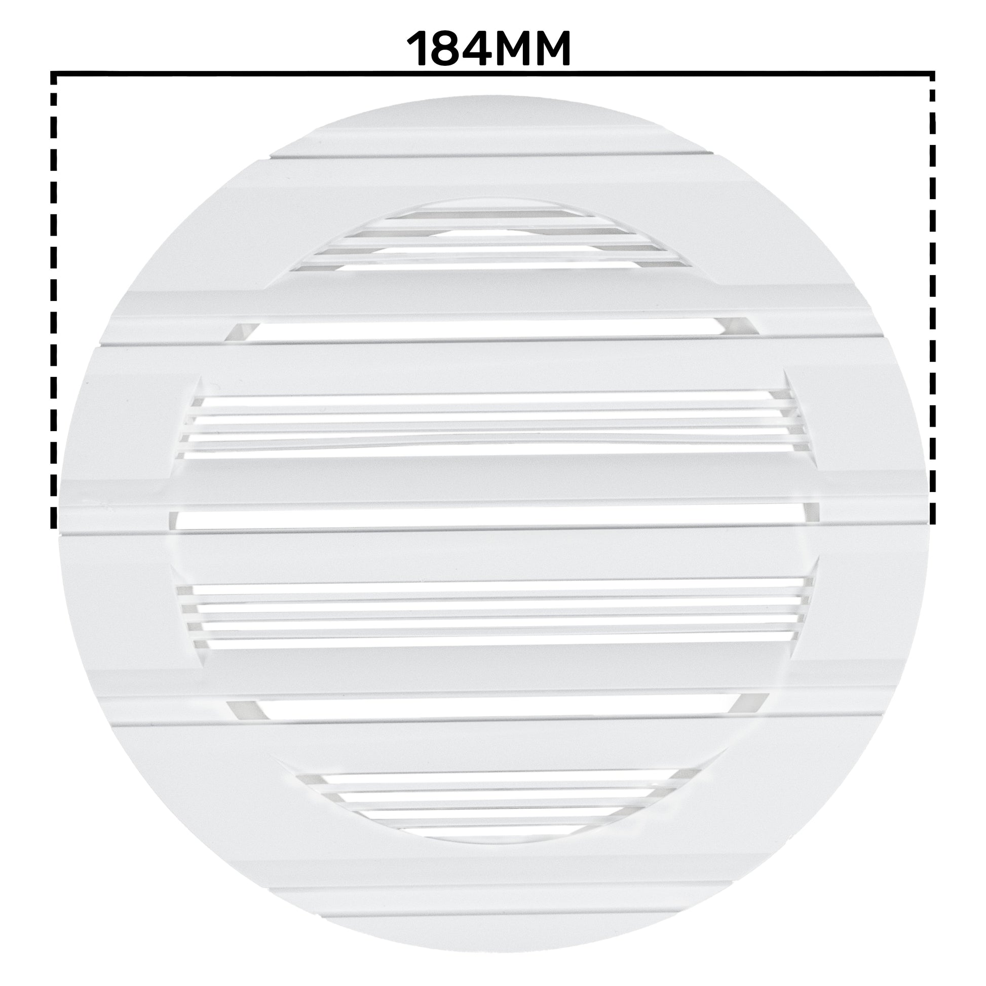 White Louvre round vent, 184mm—front view of circular grille with horizontal slats