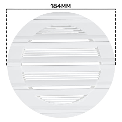 White Louvre round vent, 184mm—front view of circular grille with horizontal slats
