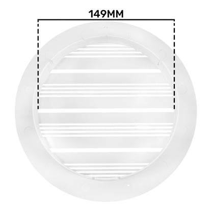 White Louvre round vent, 149mm—front view with horizontal slat grille and circular frame