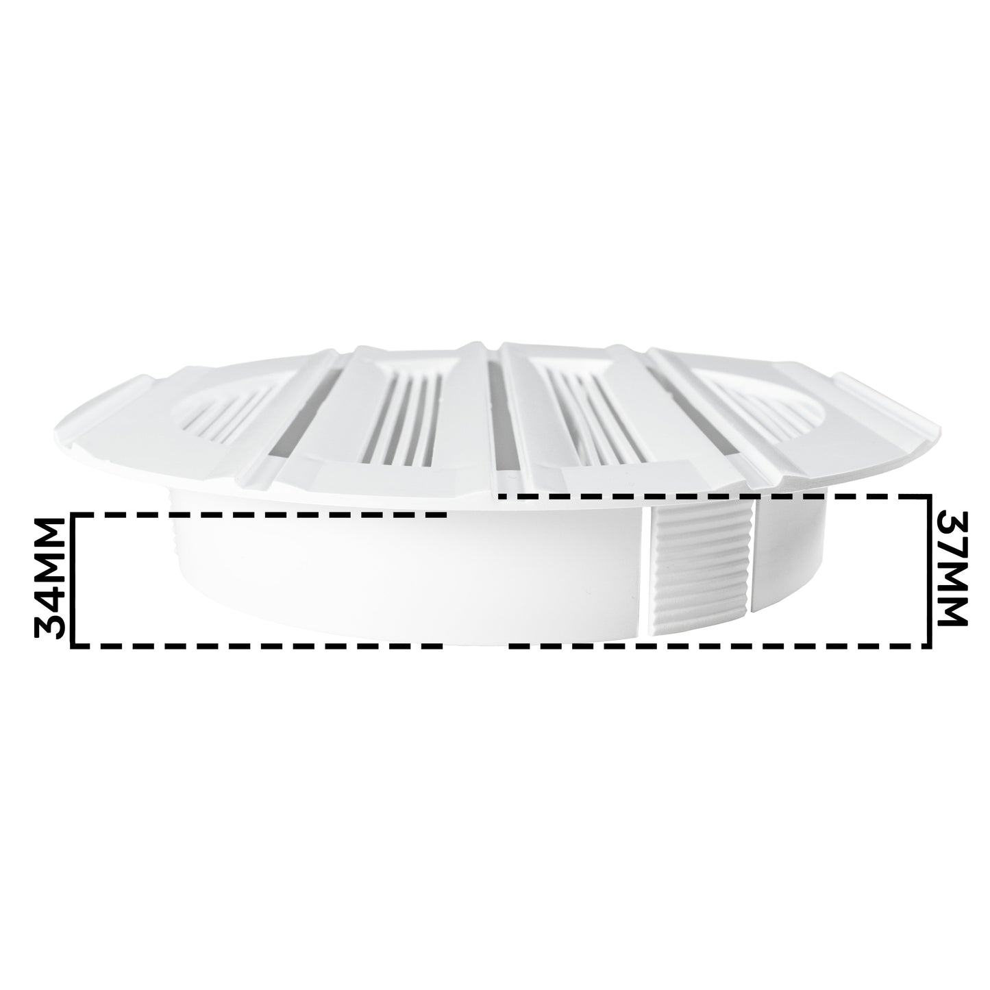 White round Louvre vent, side profile showing vented louvre top and ribbed intake