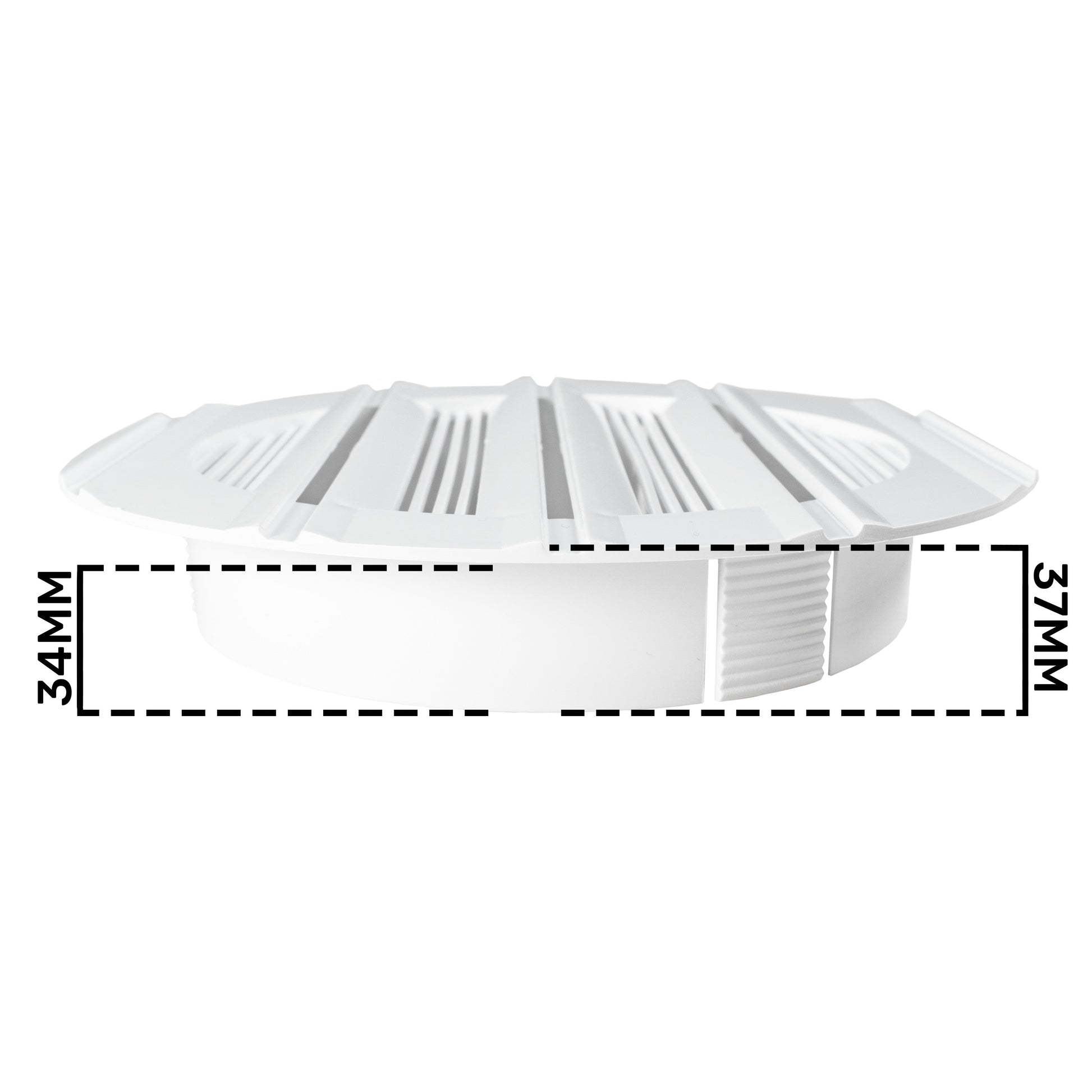 White round Louvre vent, side profile showing vented louvre top and ribbed intake