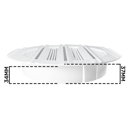 White round Louvre vent, side profile showing vented louvre top and ribbed intake