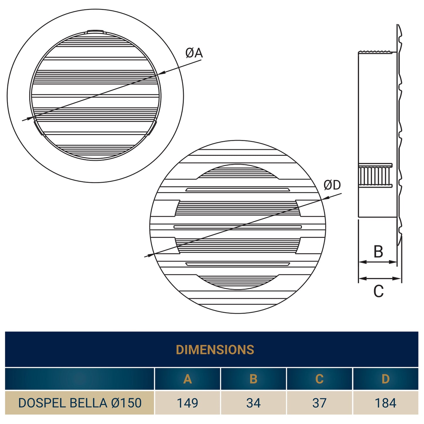 Round louvre vent Bella Ø150 diagram, circular grille view and side section