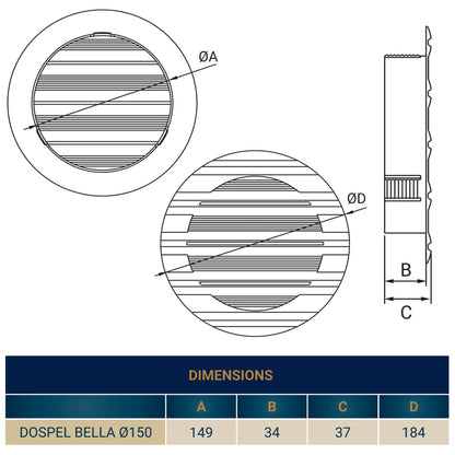 Round louvre vent Bella Ø150 diagram, circular grille view and side section