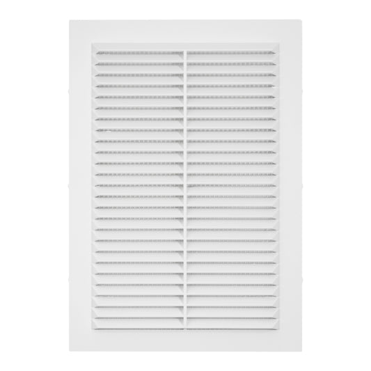 Louvre vent with fly screen, white, grid with horizontal slats and center divider