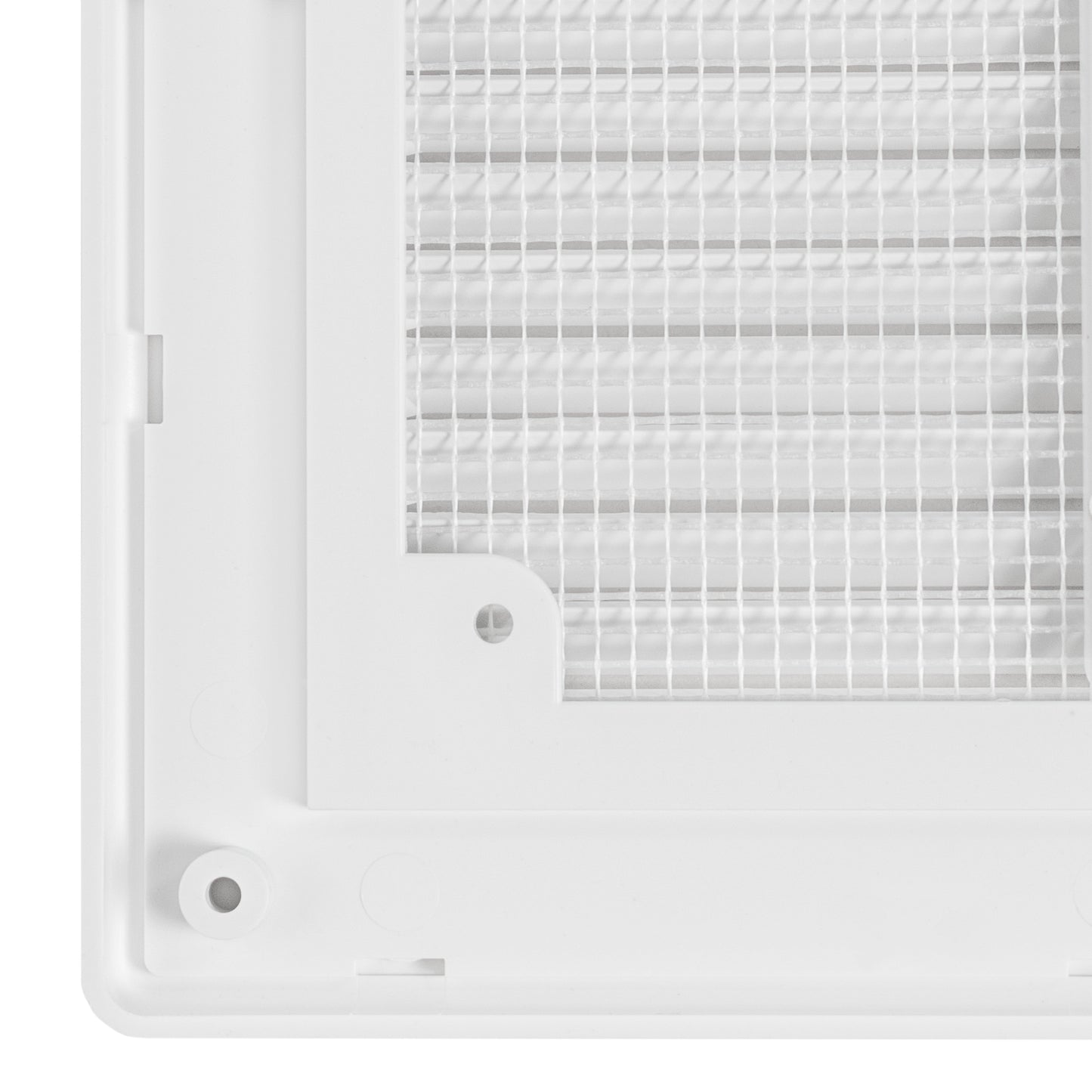 Close-up of fly screen mesh corner in white Louvre vent frame