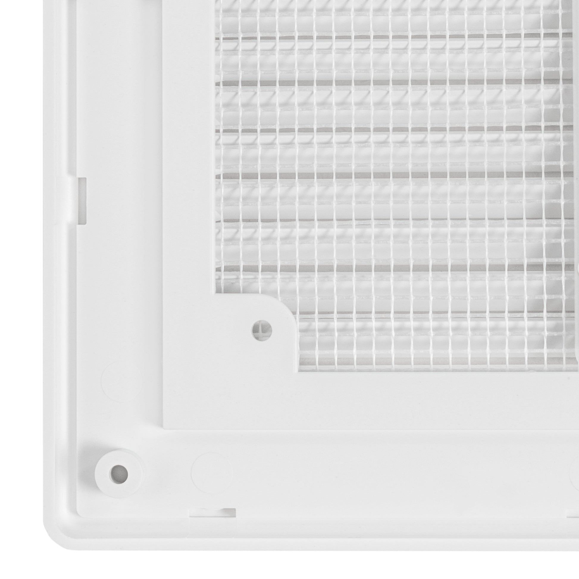 Close-up of fly screen mesh corner in white Louvre vent frame