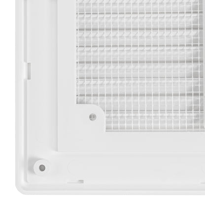 Close-up of fly screen mesh corner in white Louvre vent frame