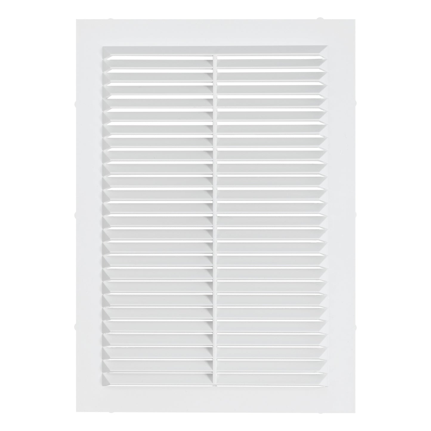 Louvre vent front grille with horizontal louvers and central divider, white