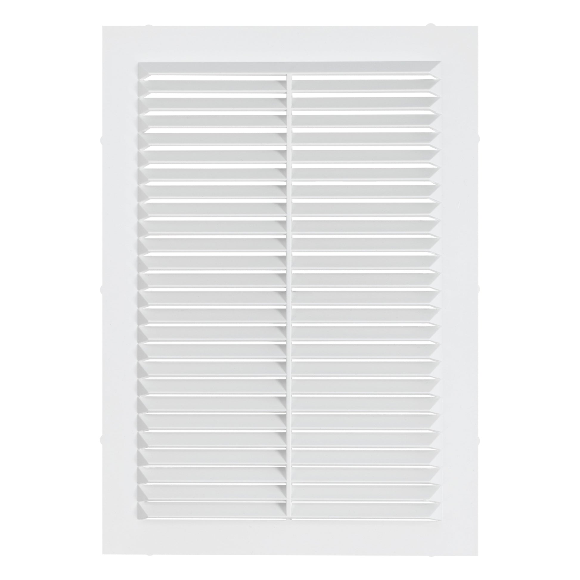Louvre vent front grille with horizontal louvers and central divider, white