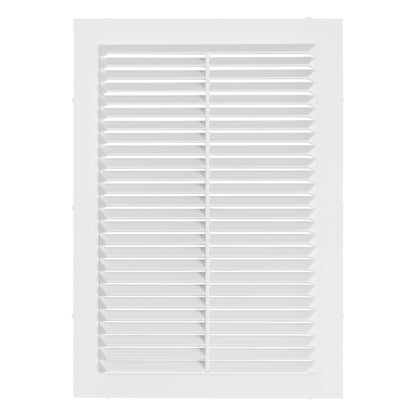 Louvre vent front grille with horizontal louvers and central divider, white