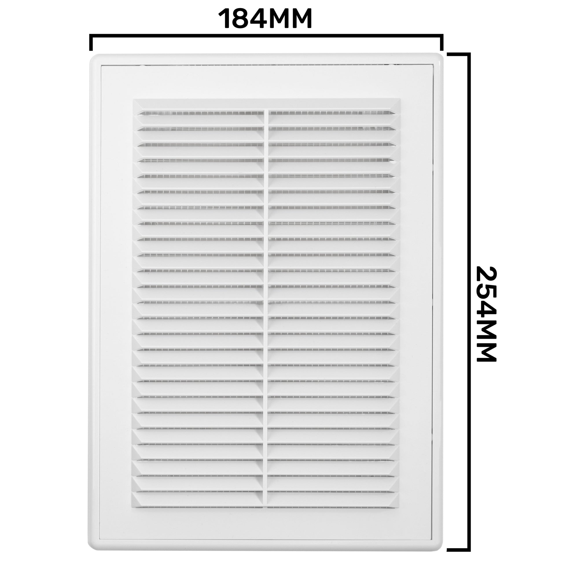 Louvre vent size diagram: 184mm wide x 254mm high, white panel