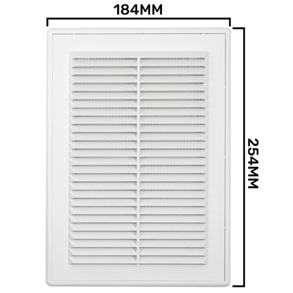 Louvre vent size diagram: 184mm wide x 254mm high, white panel