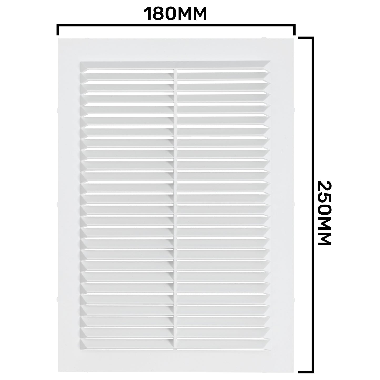 Louvre vent front size diagram: 180mm wide x 250mm high, white