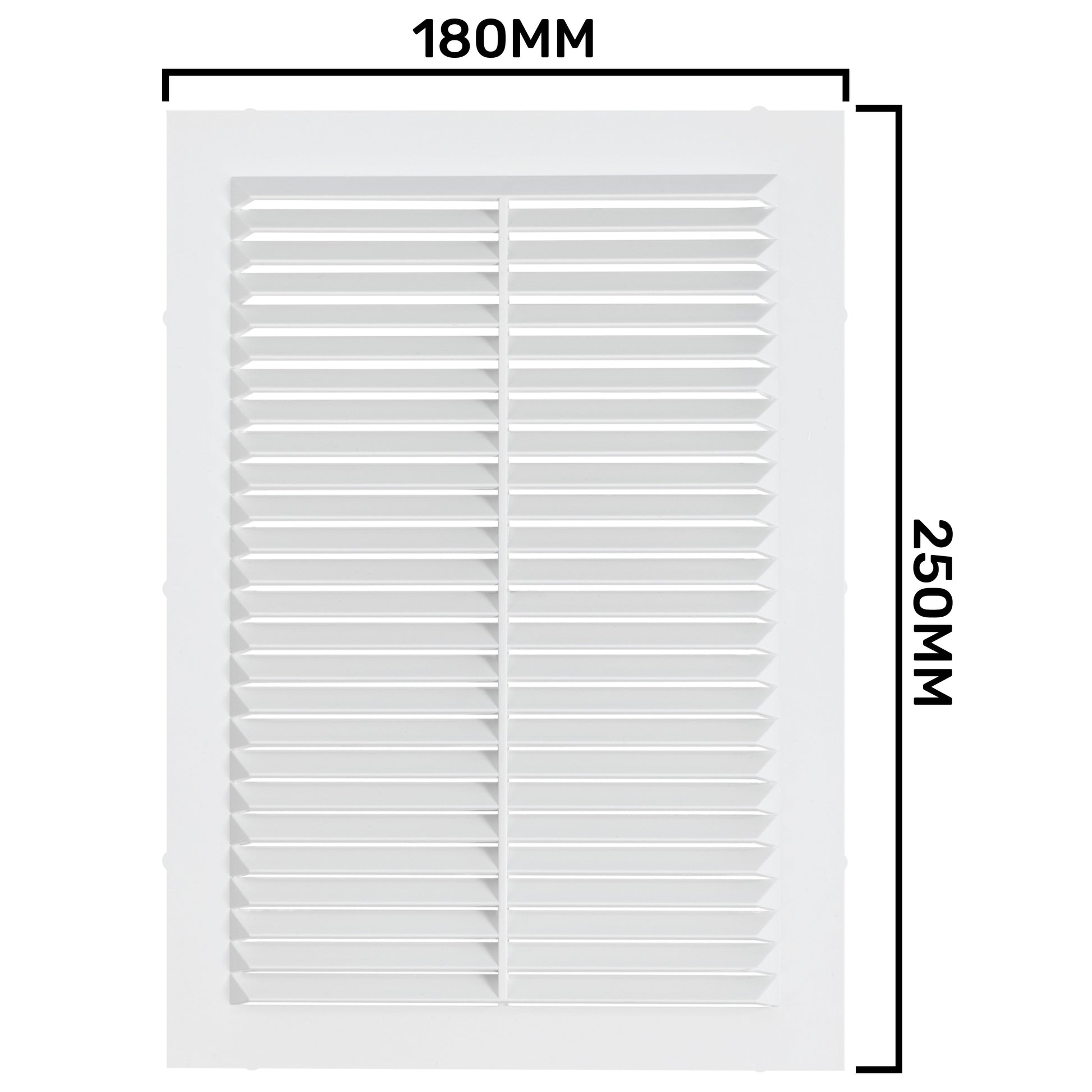 Louvre vent front size diagram: 180mm wide x 250mm high, white