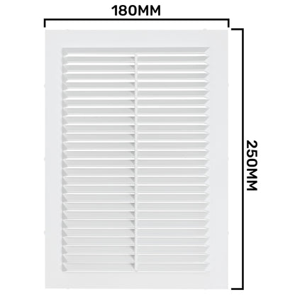 Louvre vent front size diagram: 180mm wide x 250mm high, white