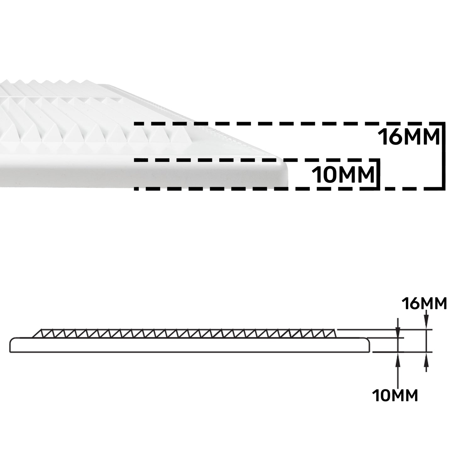 Section detail diagram showing 16mm thickness and 10mm gap, white