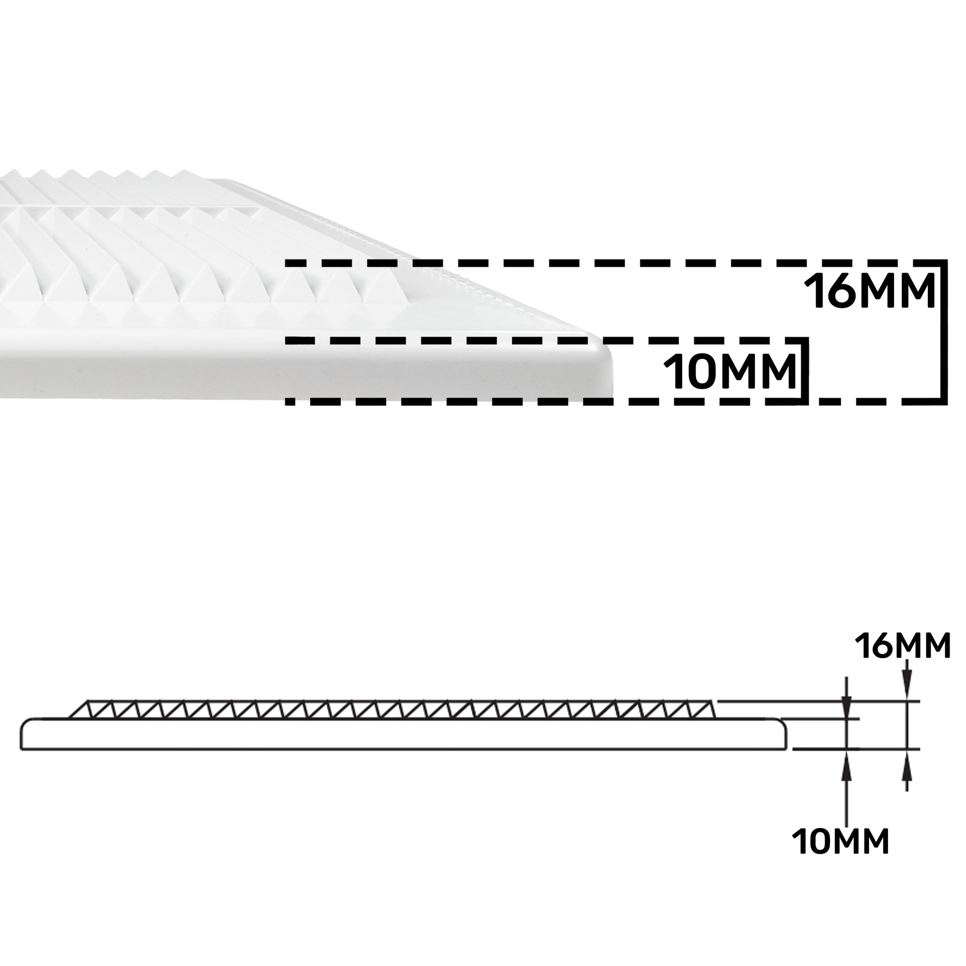 Section detail diagram showing 16mm thickness and 10mm gap, white