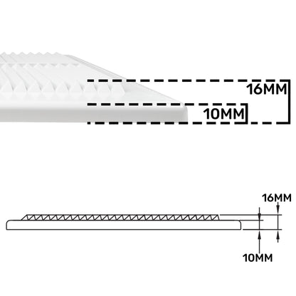 Section detail diagram showing 16mm thickness and 10mm gap, white