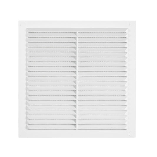 Louvre vent 235mm x 235mm with fly screen—white louvres in a square grille