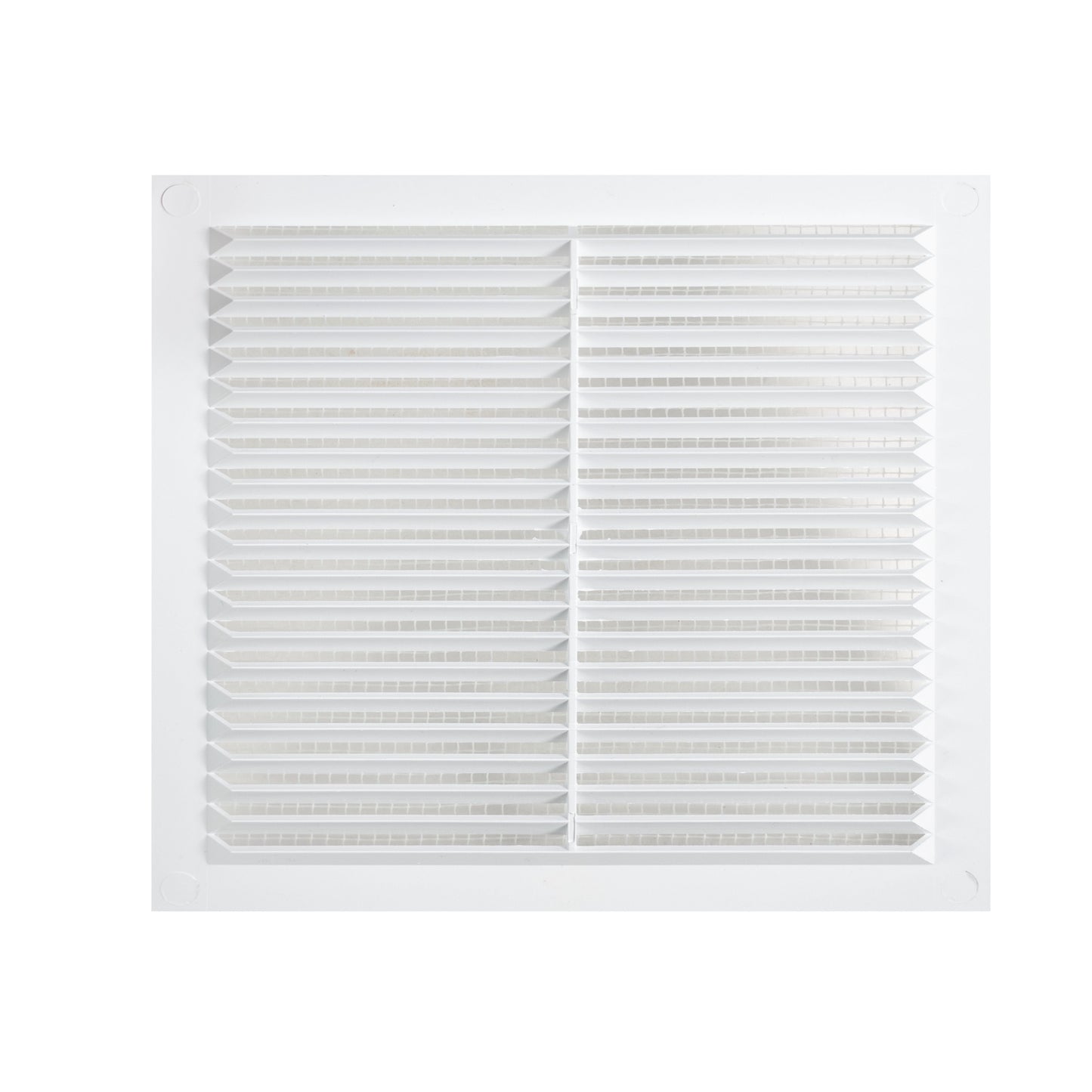 Square louvre vent grille with fly screen, evenly spaced white louvers