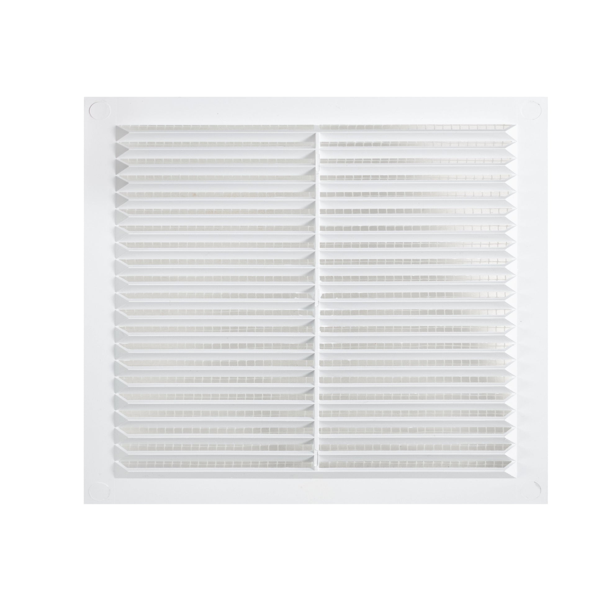Square louvre vent grille with fly screen, evenly spaced white louvers