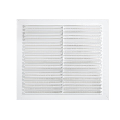 Square louvre vent grille with fly screen, evenly spaced white louvers