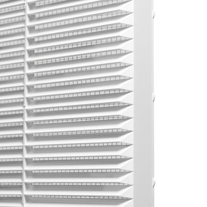 Side view of white louvre blades with fly screen mesh in the frame