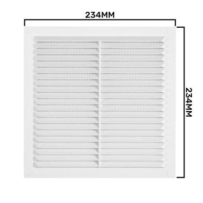 Louvre vent with fly screen, square size marked 235mm and 235mm
