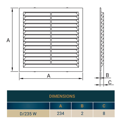 Dimensions diagram for Louvre vent D/235 W: A=234, B=2, C=8