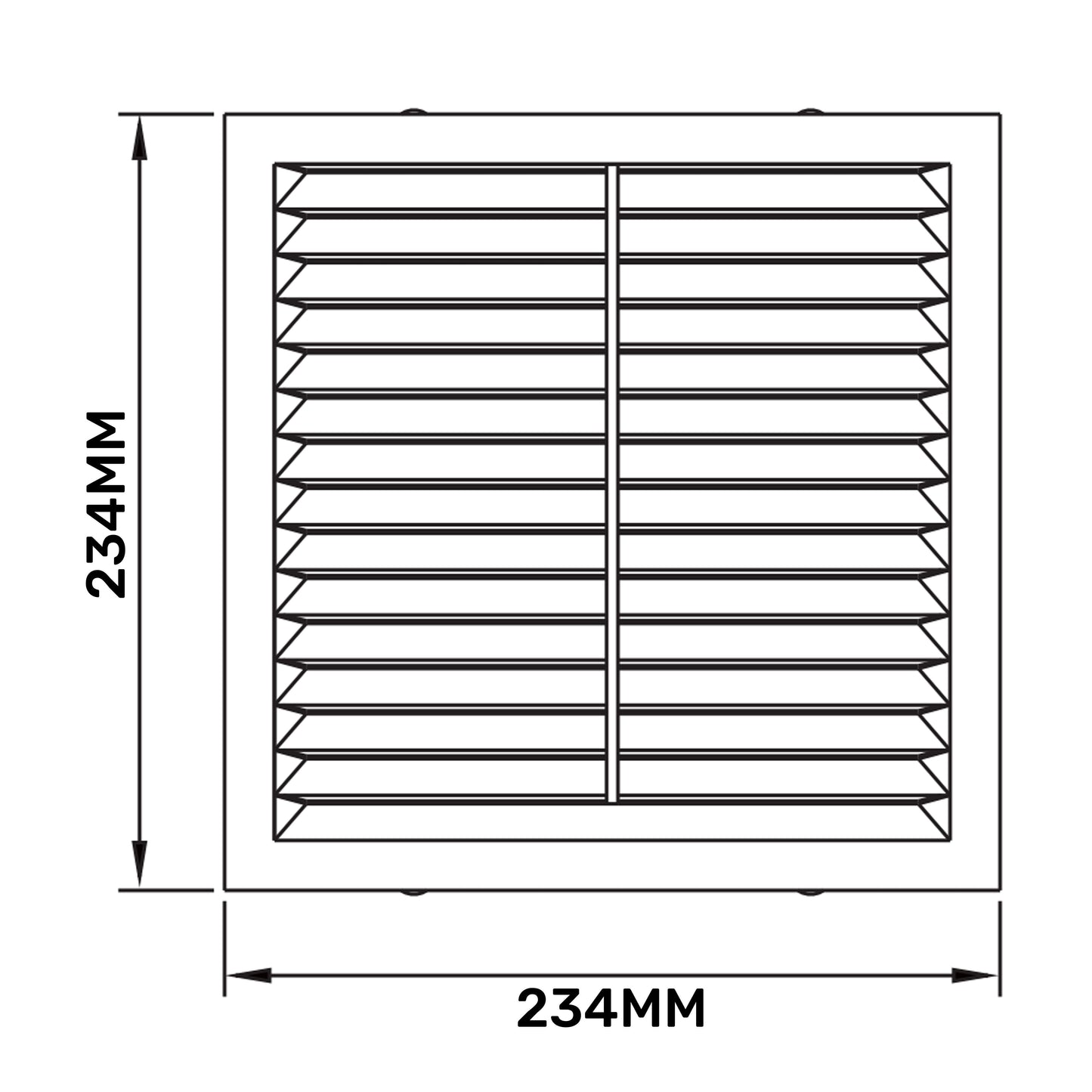 Louvre vent diagram showing overall 235mm by 234mm louvre layout