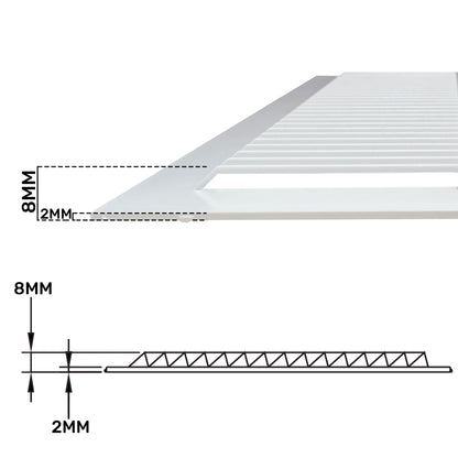 Fly screen edge detail with 8mm and 2mm depth measurements
