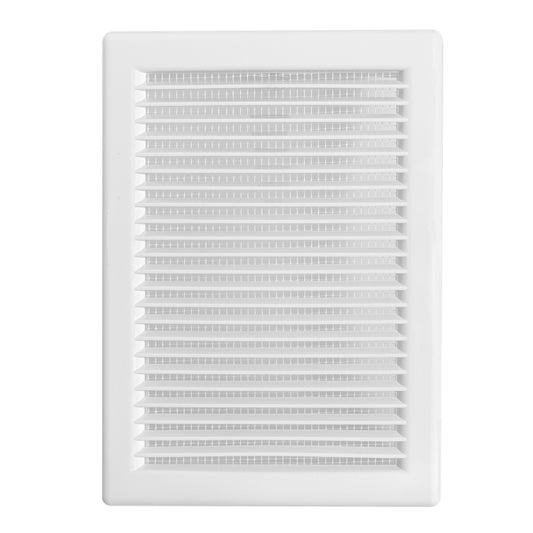 White Louvre vent with fly mesh, closed louvers in rectangular housing