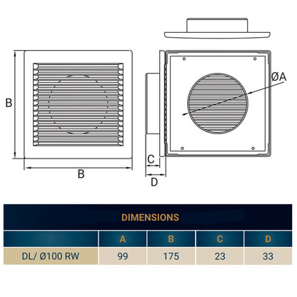 White Louvre vent DL/100 RW with fly mesh, side profile with measurements