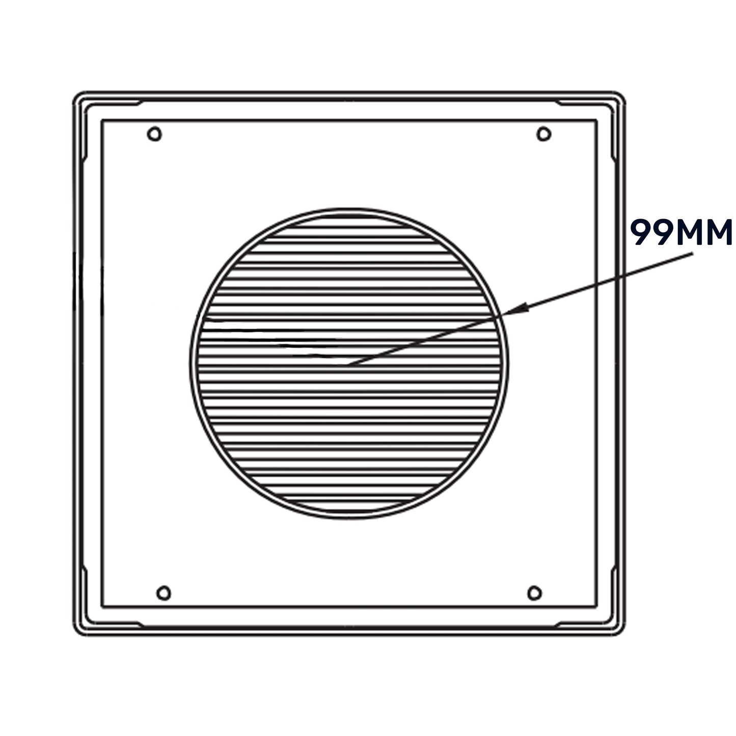 Front view of Louvre vent with circular louver mesh and 99mm label