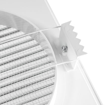 Fly mesh detail near circular grille opening on white vent
