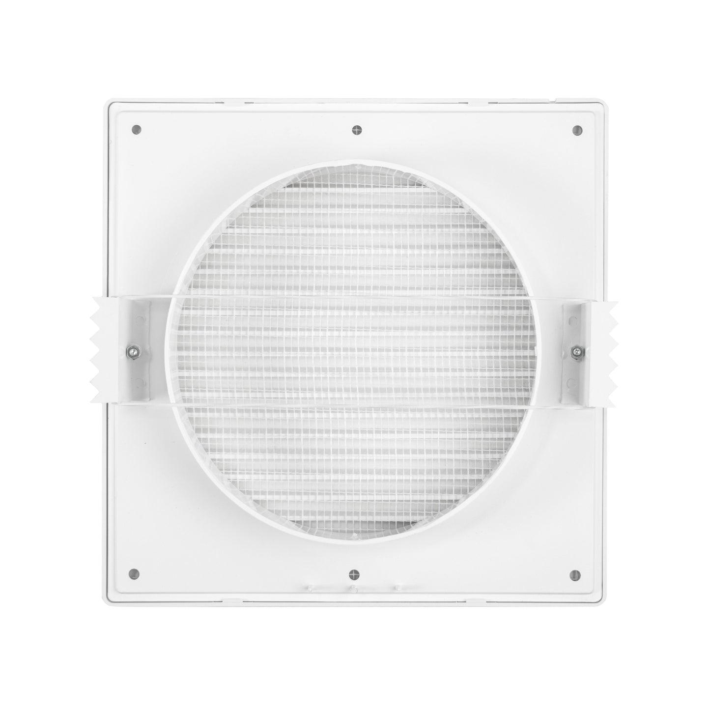 White vent frame with circular mesh grille and surrounding baffle tabs