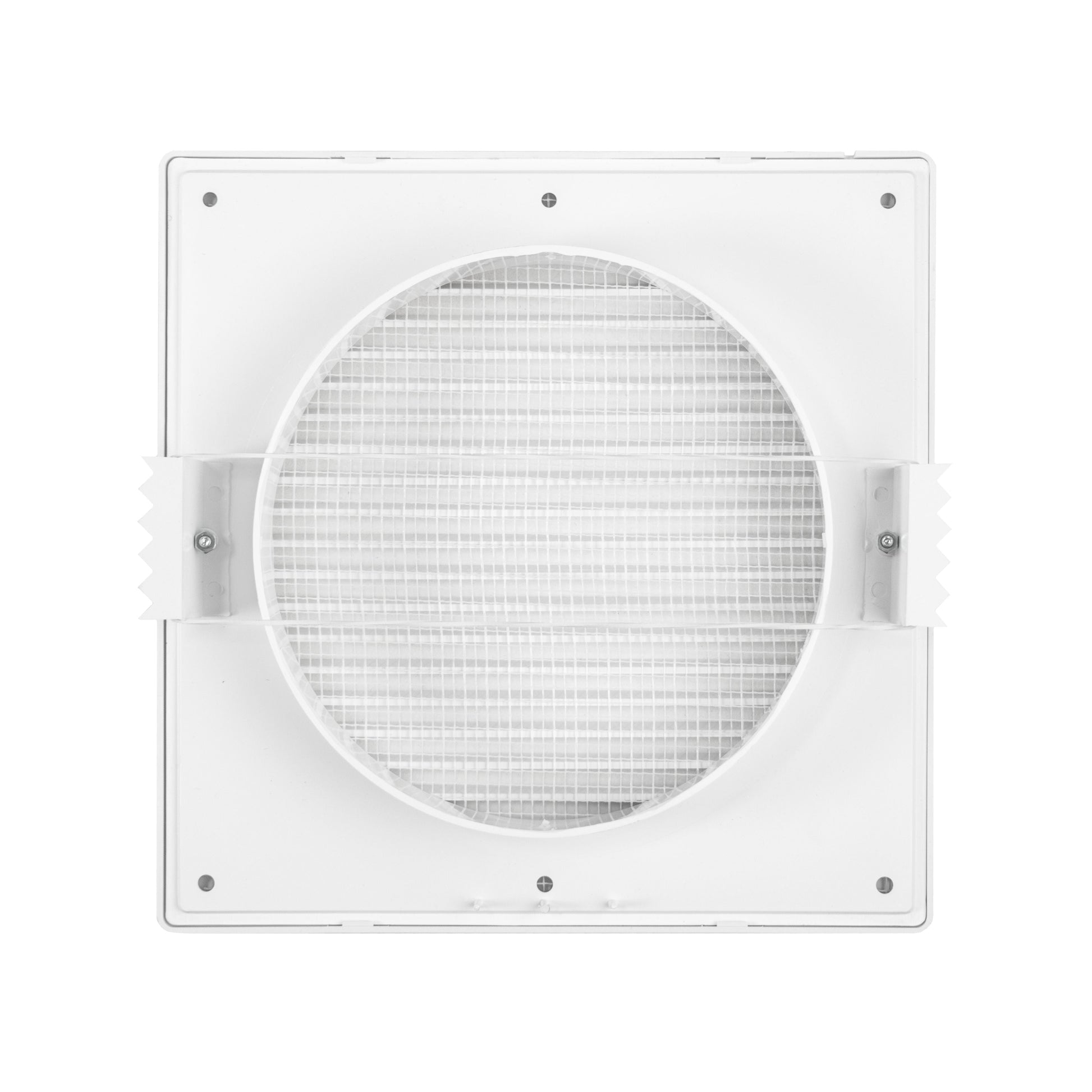 White vent frame with circular mesh grille and surrounding baffle tabs