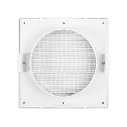 White vent frame with circular mesh grille and surrounding baffle tabs
