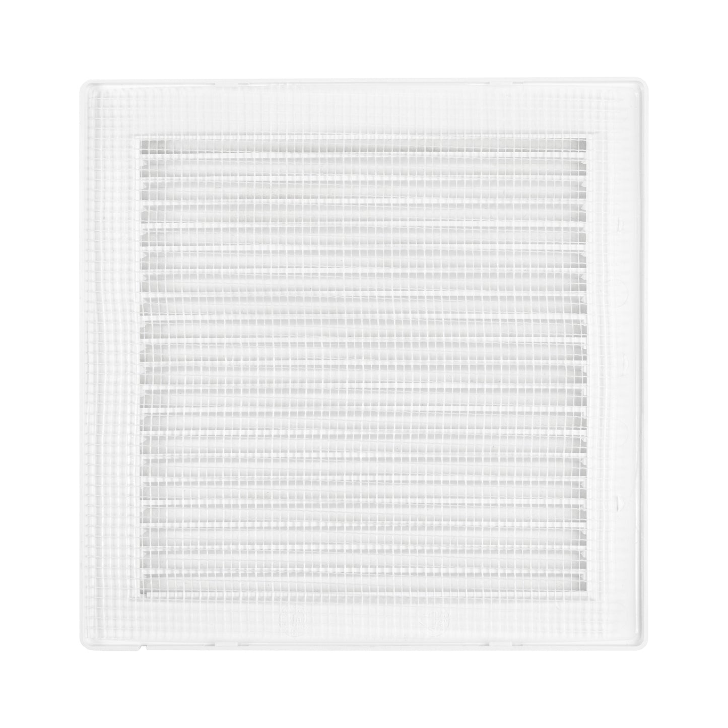 White vent grille with tightly woven mesh panel in square frame