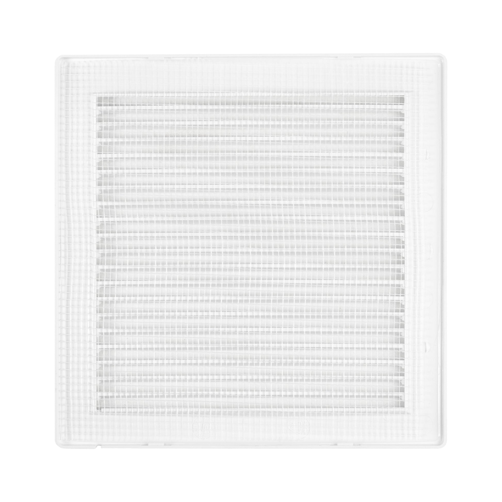 White vent grille with tightly woven mesh panel in square frame