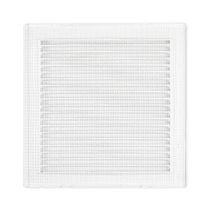 White vent grille with tightly woven mesh panel in square frame