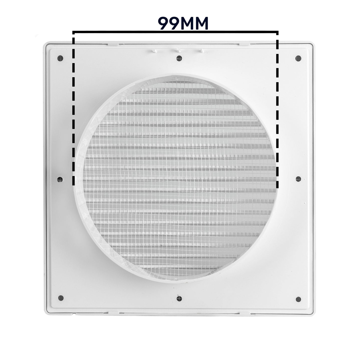 White vent grille with circular mesh, size marked 99MM
