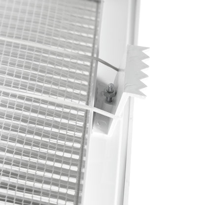 Close-up of fly mesh and fixing screws on the white vent frame