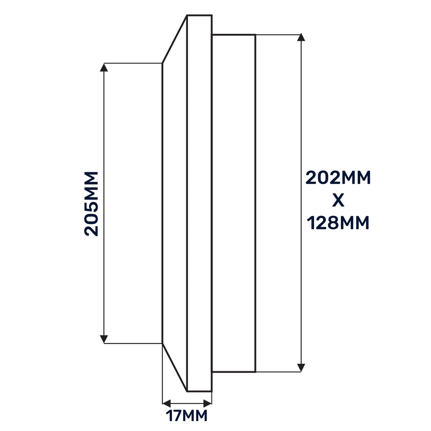 Louvre Vent Duo Smart 140/210 diagram: 202×128 mm, 205 mm length, 17 mm depth.