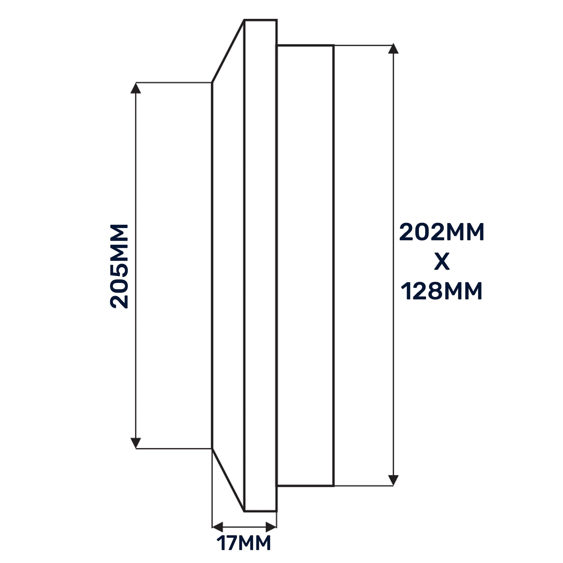 Louvre Vent Duo Smart 140/210 diagram: 202×128 mm, 205 mm length, 17 mm depth.