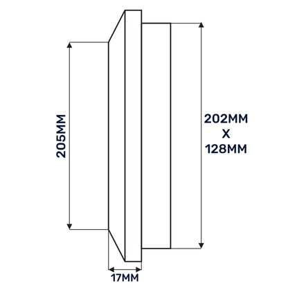 Louvre Vent Duo Smart 140/210 diagram: 202×128 mm, 205 mm length, 17 mm depth.