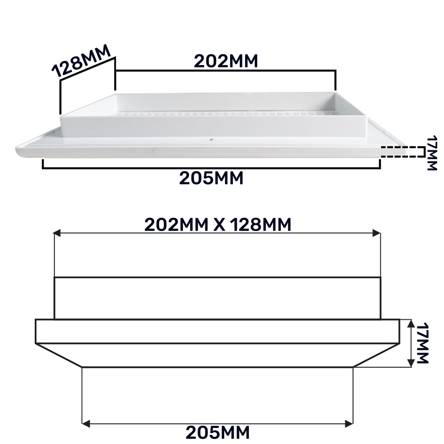 Louvre Vent Duo Smart 140/210 vent cover with grille, 202×128 mm, 205 mm overall.
