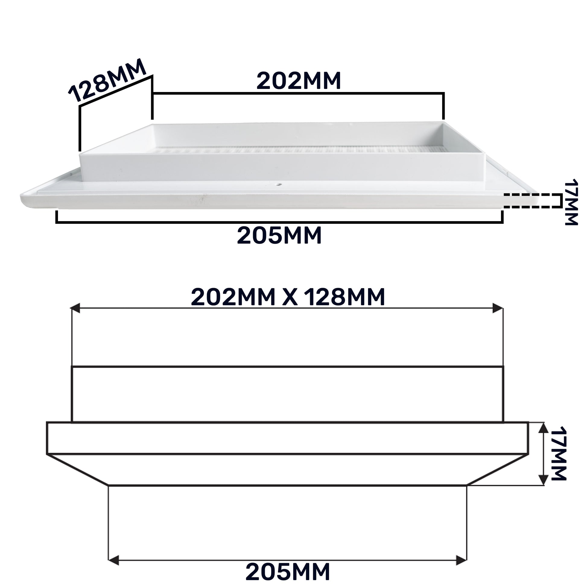 Louvre Vent Duo Smart 140/210 vent cover with grille, 202×128 mm, 205 mm overall.