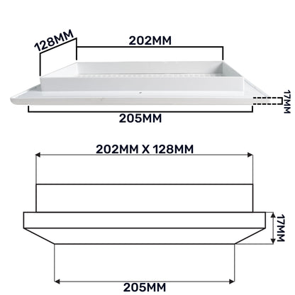 Louvre Vent Duo Smart 140/210 vent cover with grille, 202×128 mm, 205 mm overall.